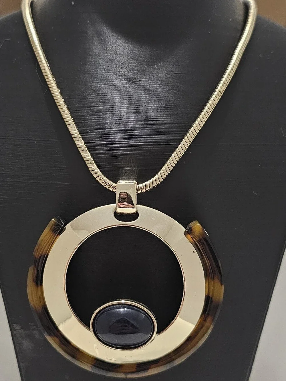 Vintage Chicos Quinn Tortoiseshell Cabochon Modernist Long Statement Necklace